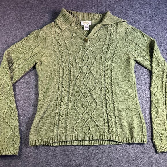 VTG Talbots Green Pullover Collared Sweater Cable  Knit Fisherman Women Petite M - Picture 1 of 11